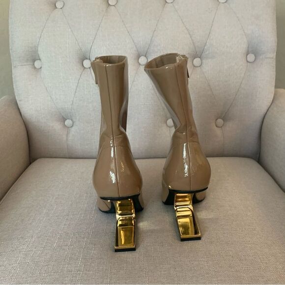 Jeffrey Campbell Compass Tan Patent and Gold Heel Pointed Toe Boots Size 5 - Picture 2 of 10